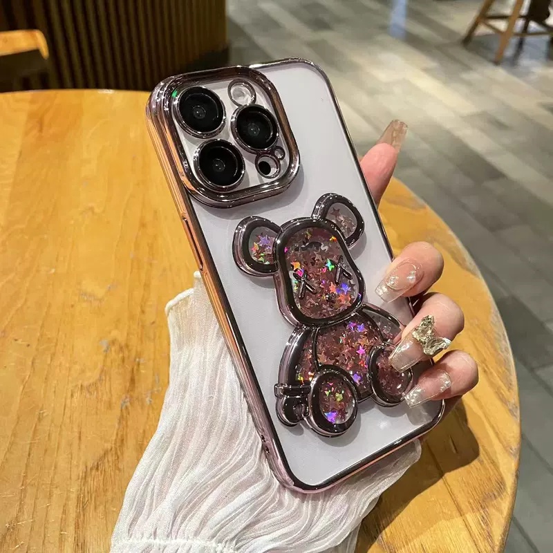 Creative Fun Cartoon Liquid Bear for Lensa Proteksi Kamera Case iPhone 14 Pro Max Case 13 12 11 Pro Max 14 Plus Promax Aesthetic transparent shockproof soft back