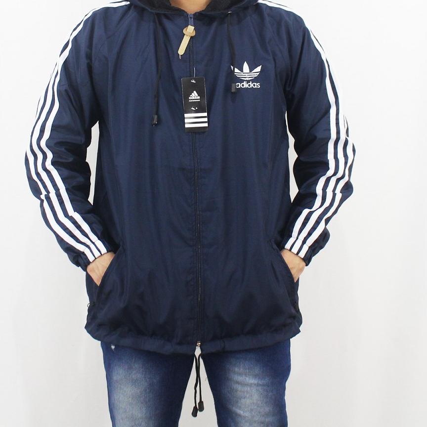 Kekinianペ Jaket Pria Parasut Adidas Windbteaker Hitam List Putih XL XXL - Jaket Parsut Jumbo - Jaket