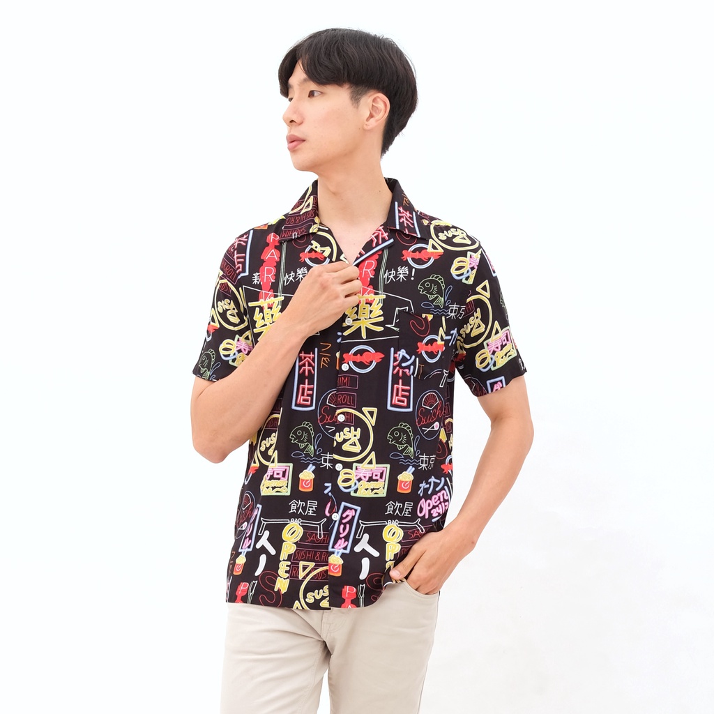 SANVANINA Kemeja Hawaiian Pria Wanita Unisex Slim Fit Hem Baju Modern Shinjuku Casual Shirt 2040