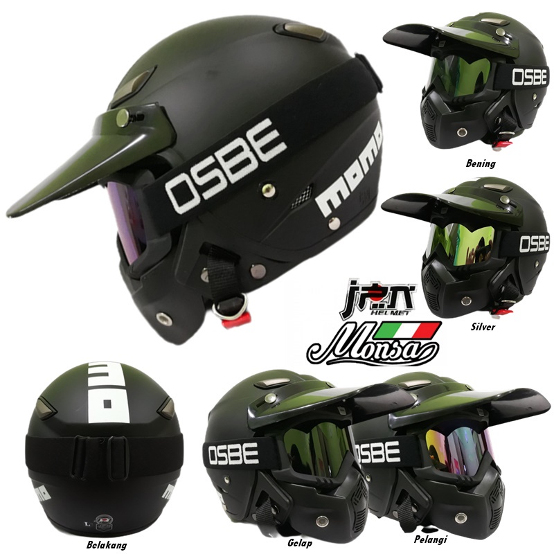 Helm Dewasa Retro Klasik JPN MOMO Hitam Doff OSBE Goggle Mask Masker / Gogglemask Tali Polos Jap Sty