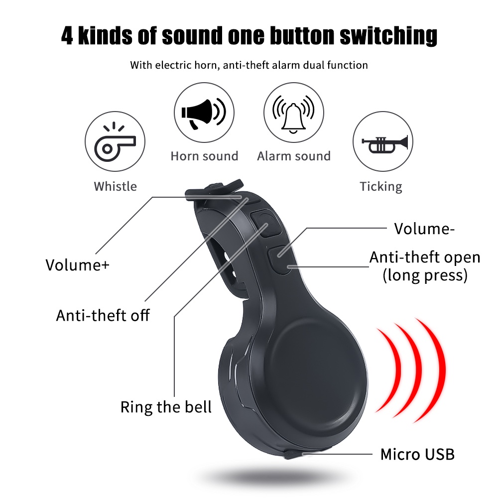 Klakson Sepeda Elektrik 2 in 1 80-130DB 4 Mode Anti Maling Tahan Air Dengan Port Charger USB