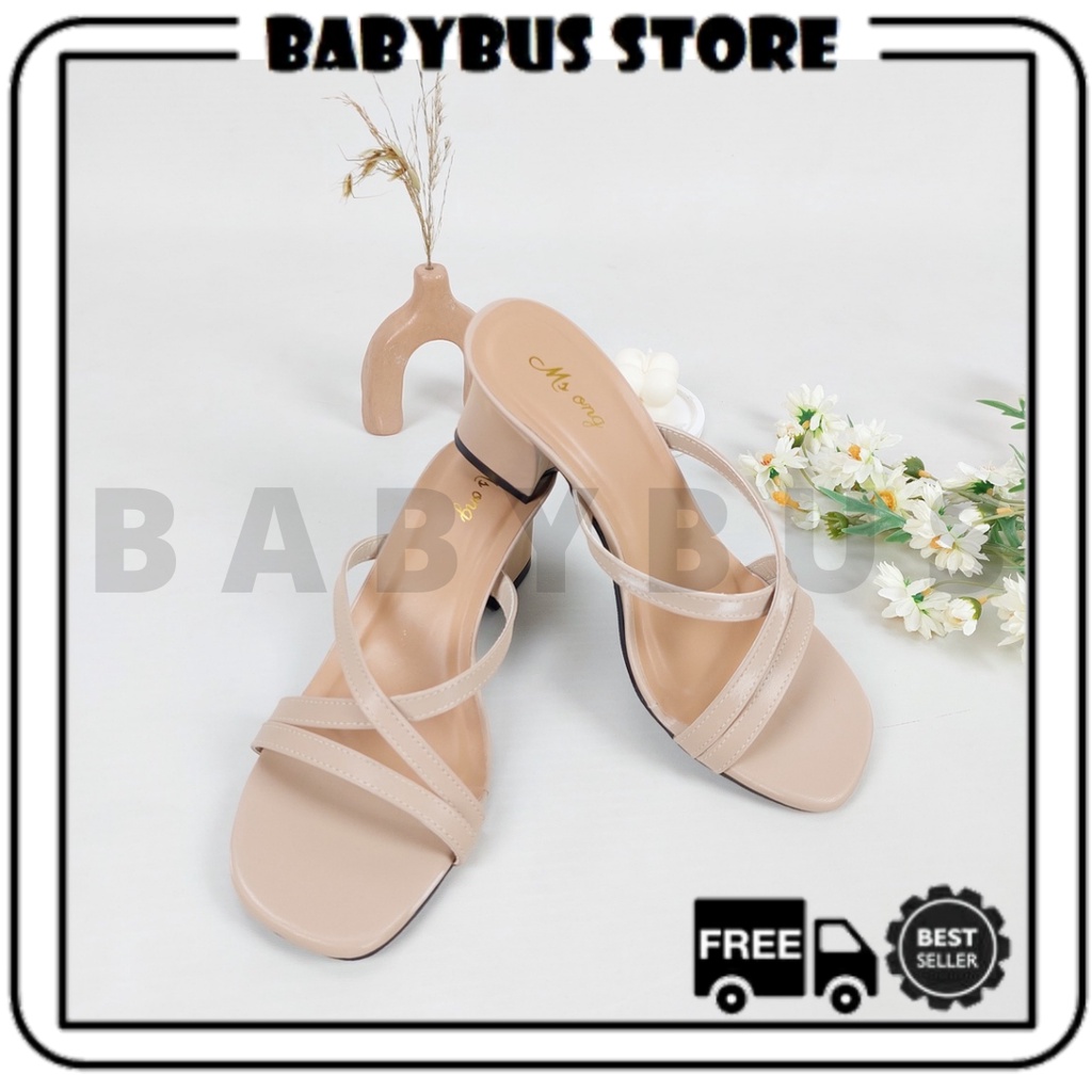 BBS MSH 06 Sandal High Heels Hak Tahu Tali Silang Strappy Chunky Wanita Impor Murah