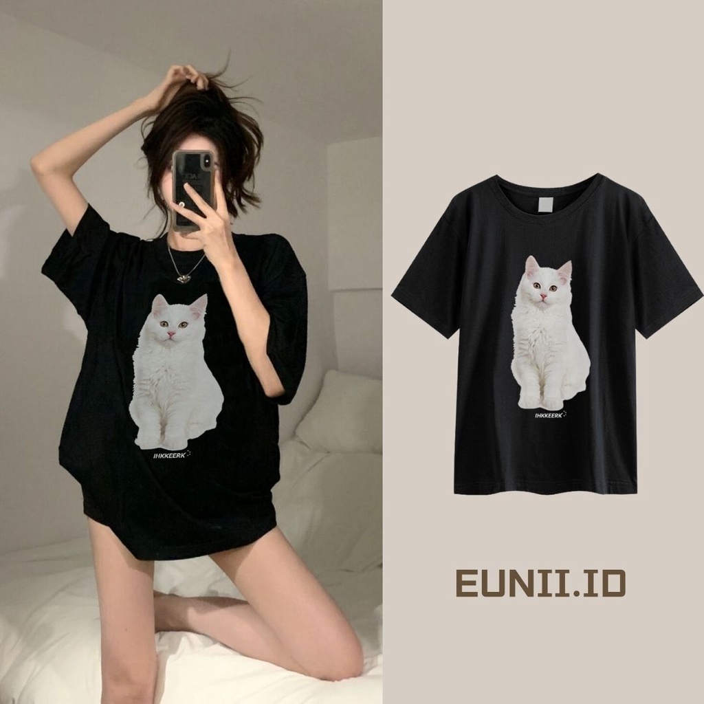 EUNII T-shirt Lengan Pendek Imut Kucing Pencetakan Longgar Korean Style/Kaos Atasan Wanita/Baju Kaus Oversize Wanita