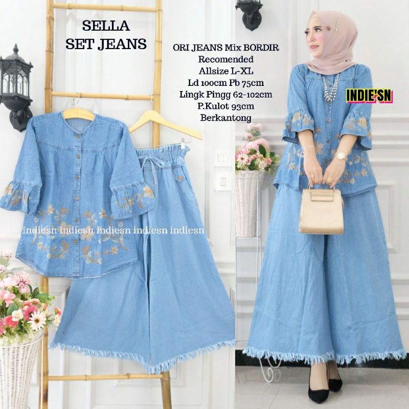 Sella Set Jeans Setelan Kemeja Ukki tunik Celana Kulot Jumbo Mayung Rawis