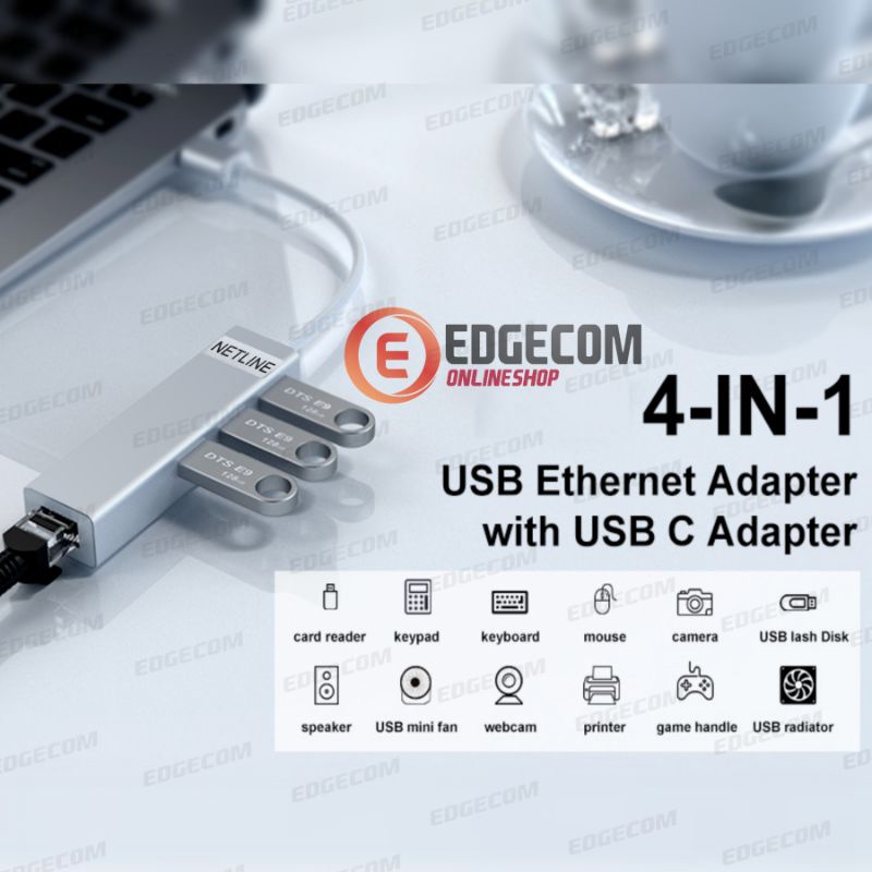 USB 3.1 TYPE C to 3 Port USB 3.0 HUB + Ethernet Lan Adapter 10/100Mbps NETLINE