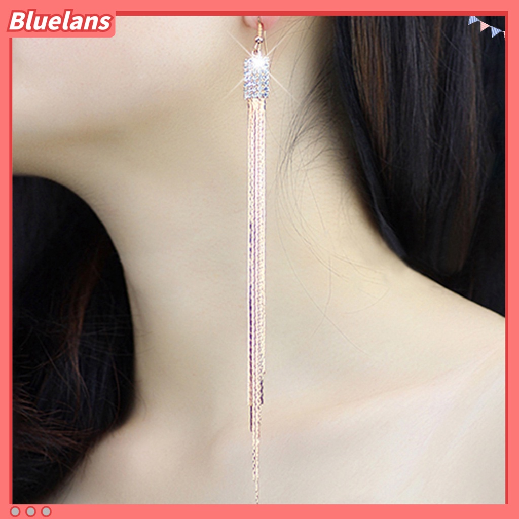 Bluelans 1 Pair Women Square Rhinestone Drop Earrings Long Tassels Chain Dangle Hook Earrings Jewelry