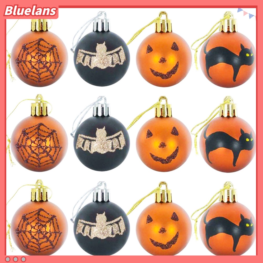 12pcs Ornamen Gantung Bentuk Bola Bulat Motif Kucing Kelelawar Untuk Pesta Halloween