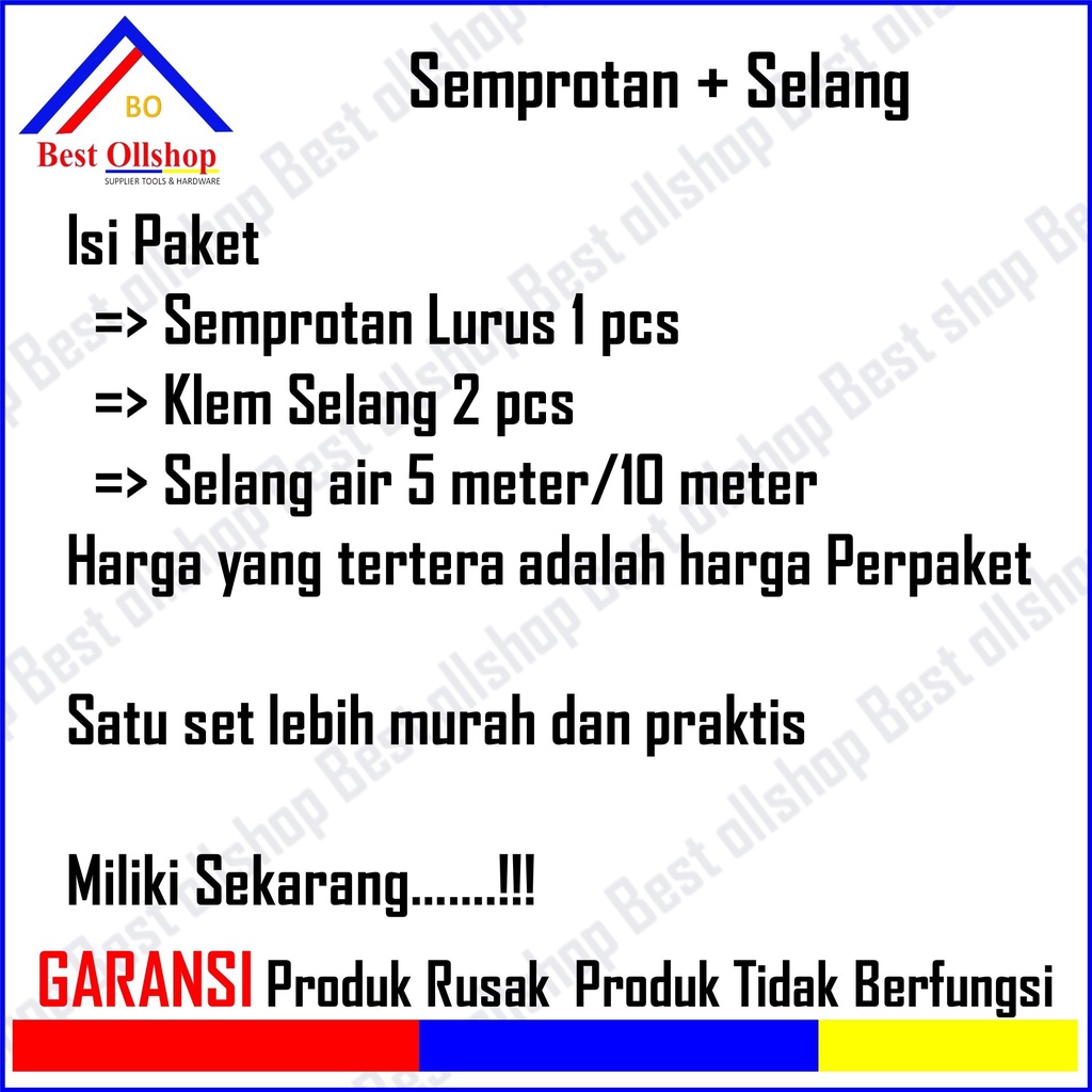 Semprotan Lurus Kuningan Set Klem Hose Konektor Selang Air Siram Taman Cuci Mobil Motor 1 Paket Murah