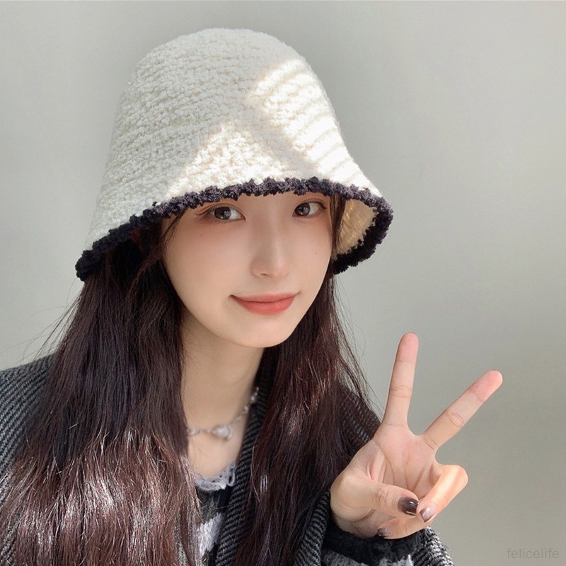 Topi Bucket Wanita Bahan Rajut Warna Polos Untuk Musim Dingin