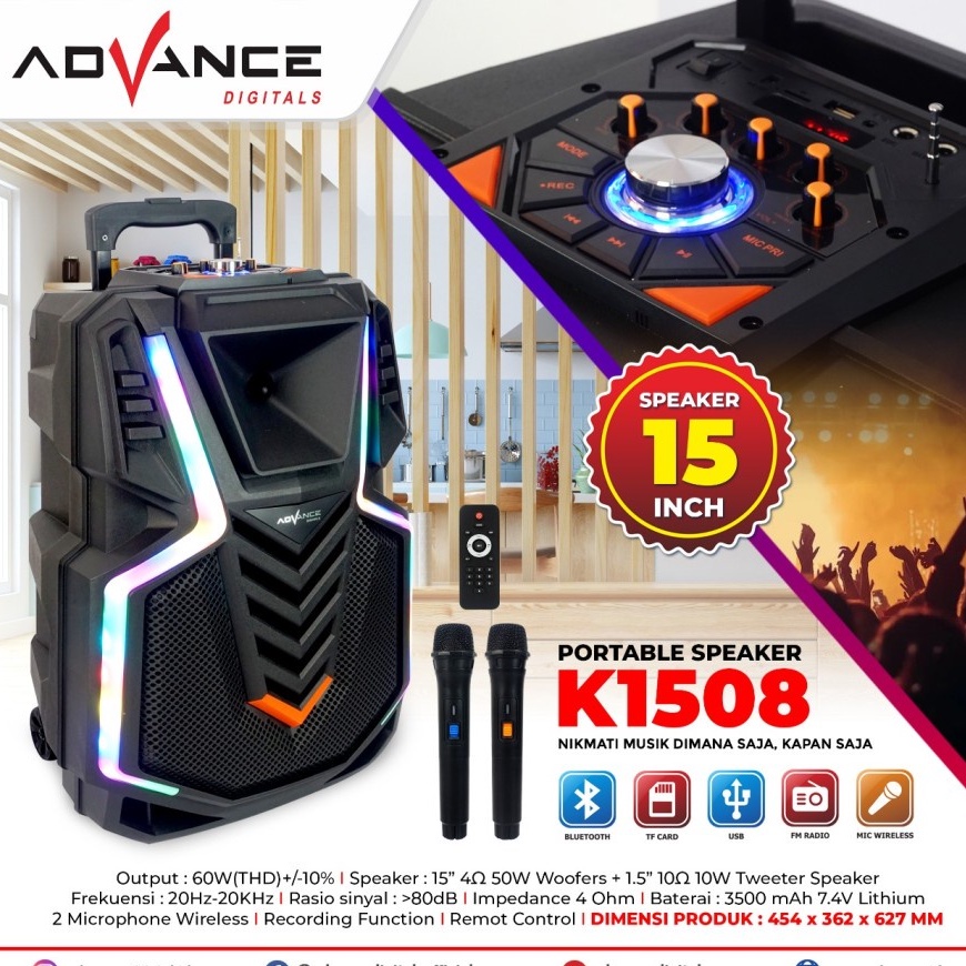 Speaker Advance K1508 Bluetooth 15 inch 2 Mic Wireless / 1508 Bluetooth 15 inch 2 Mic Wireless