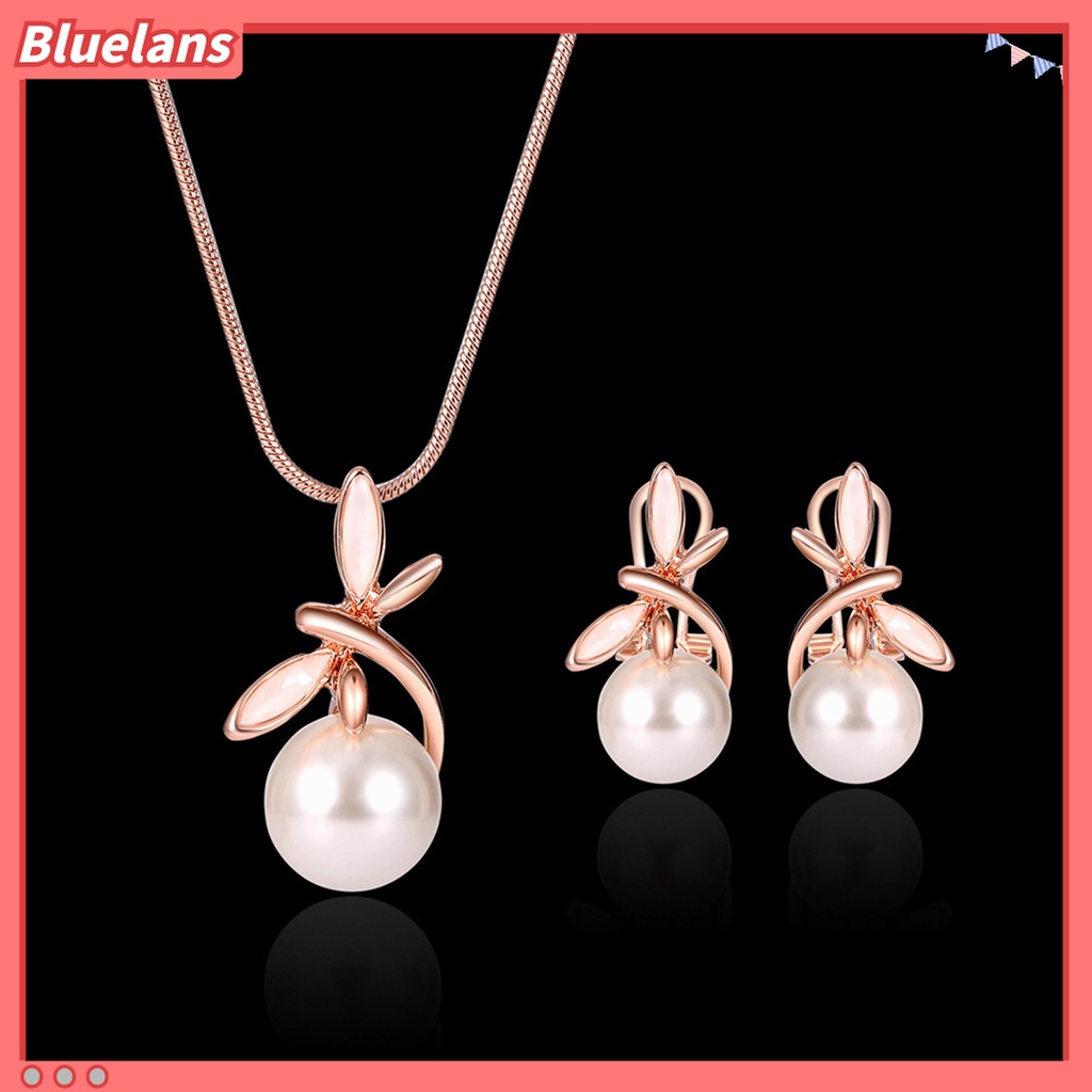 1 Set Kalung Anting Stud Desain Pita Aksen Mutiara Tiruan Untuk Wanita