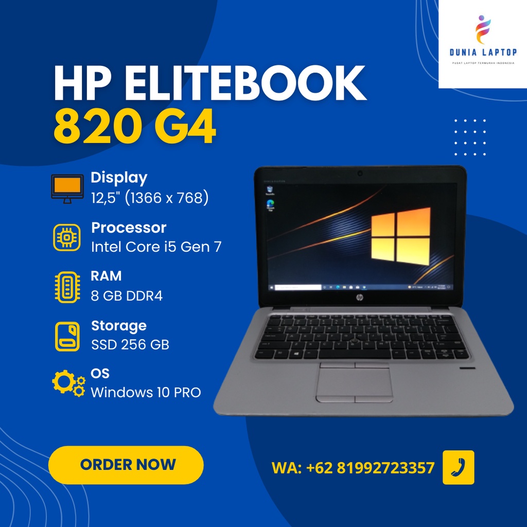 Laptop HP EliteBook 820 G4 Core i5 Gen 7 RAM 8 GB SSD 256 GB TERMURAH BERGARANSI  - Laptop Kantor & 