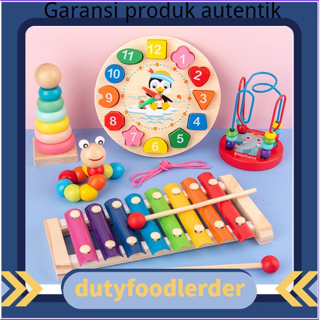 Flash Ship！Mainan Edukasi Anak Mini Round Beads  Basic Shape Kayu Balok Geometri Puzzle 3D Montessori Sensory Xylophone Jam Angka * Barang spot