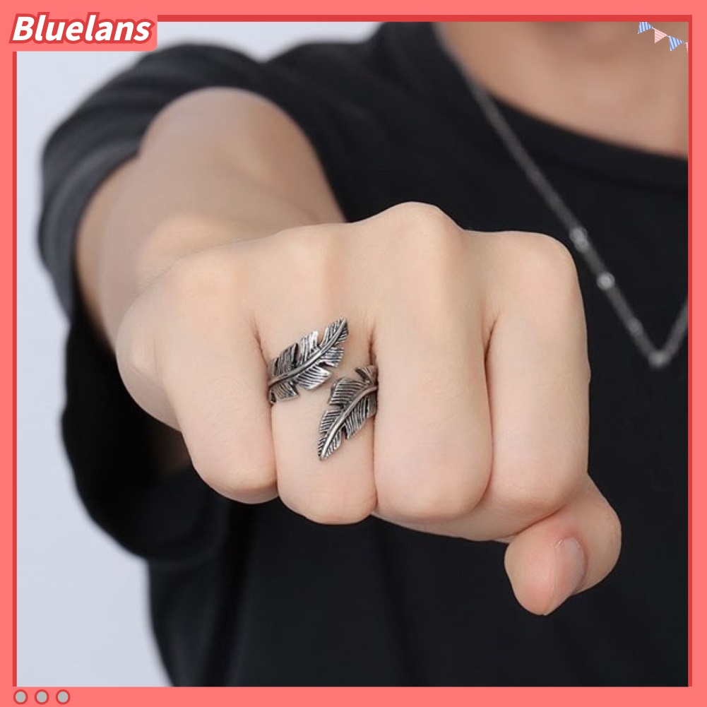 2pcs Cincin Model Terbuka Bentuk Bulu Antik Warna Silver Gaya Retro Untuk Pria Dan Wanita
