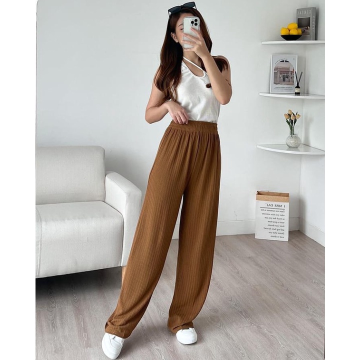 KIA KNIT PANTS HIGH WAIST PREMIUM KOREA - CULLOTES KNIT LONG PANTS - KOREAN LOOSE PANTS TROUSERS WANITA - LOUNGEWEAR - CELANA KULOT SALUR BESAR COMFY WANITA JUMBO XXL XXXL BERKUALITAS - CELANA CASUAL FULL KARET - HADIAH / KADO ULTAH CEWEK