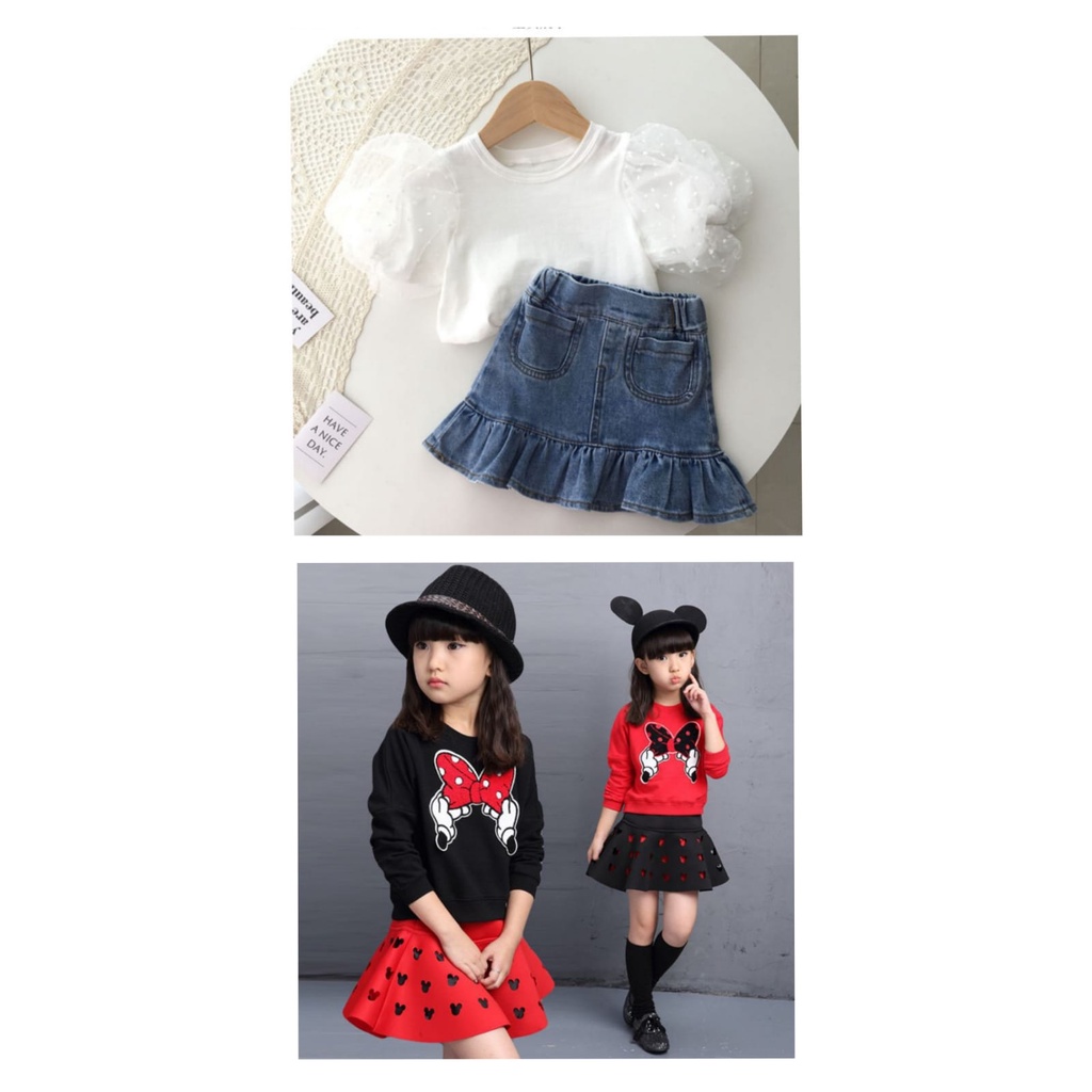 BAJU SETELAN ANAK PEREMPUAN 2PIECE KAOS LENGAN PANJANG + ROK PENDEK IMPORT HIGH QUALITY 2-10TAHUN