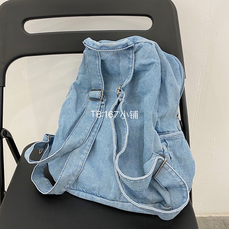 ✟ﺴSera Sera Vintage Schoolbag Wanita Gaya Jepang Sederhana dan Serbaguna Retro Malas Feng Shui Dicuci Denim Unprinted Ransel Wanita