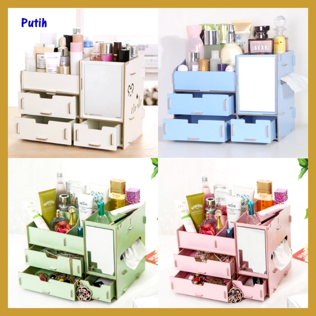 Rak Kosmetik Mini Cosmetic Storage Mini Kotak Penyimpanan Makeup Rak Kosmetik Mini Bahan Kayu  Lengkap dengan Cermin