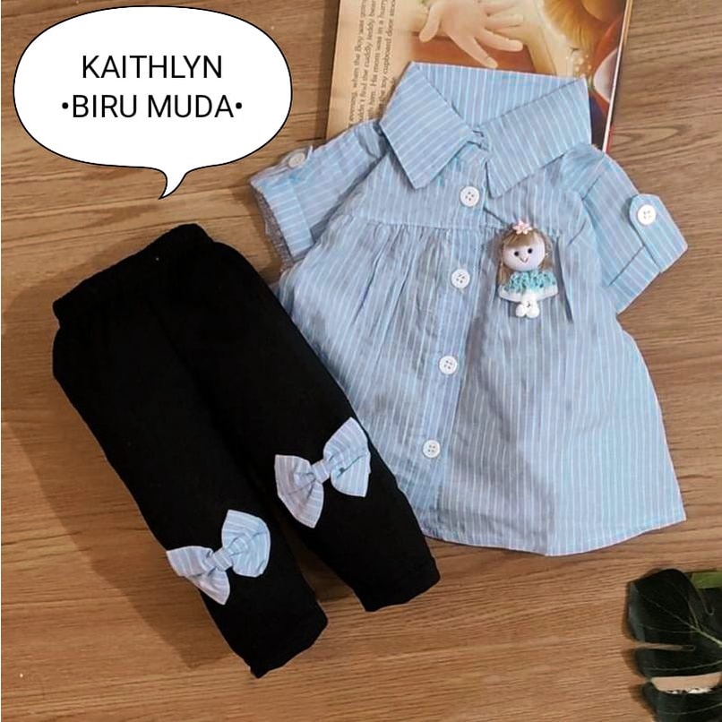 Setelan Baju Anak Perempuan / Baju Bayi Cewek Atasan Lengan Pendek Dan Celana Panjang Motif Keisha Denim Usia 0-6 Bulan