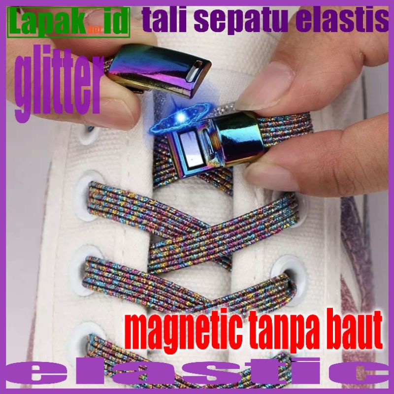 tali sepatu elastis flat glitter dengan magnetic lock tanpa baut