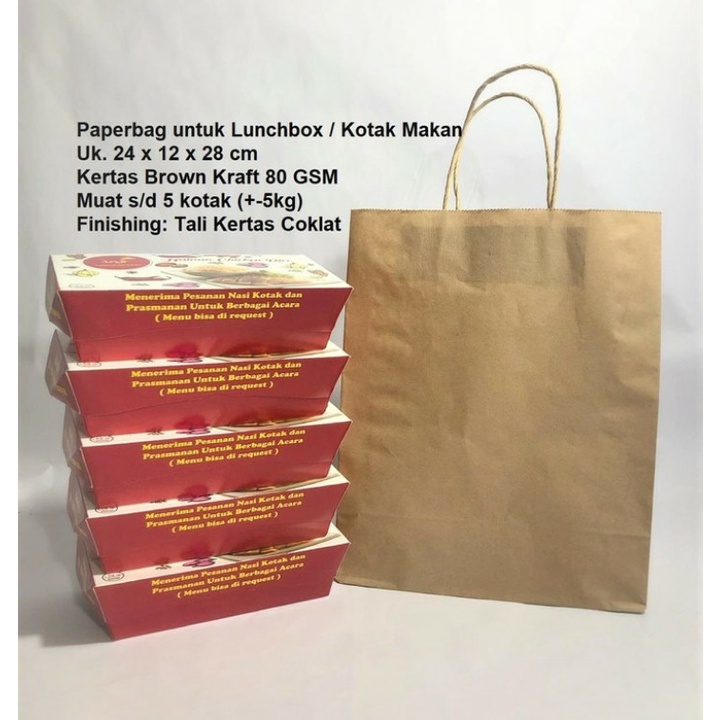 

Paperbag Kantong Kertas Coklat LUNCHBOX TALI ( uk. 24x12x28cm ) isi : 10 pcs