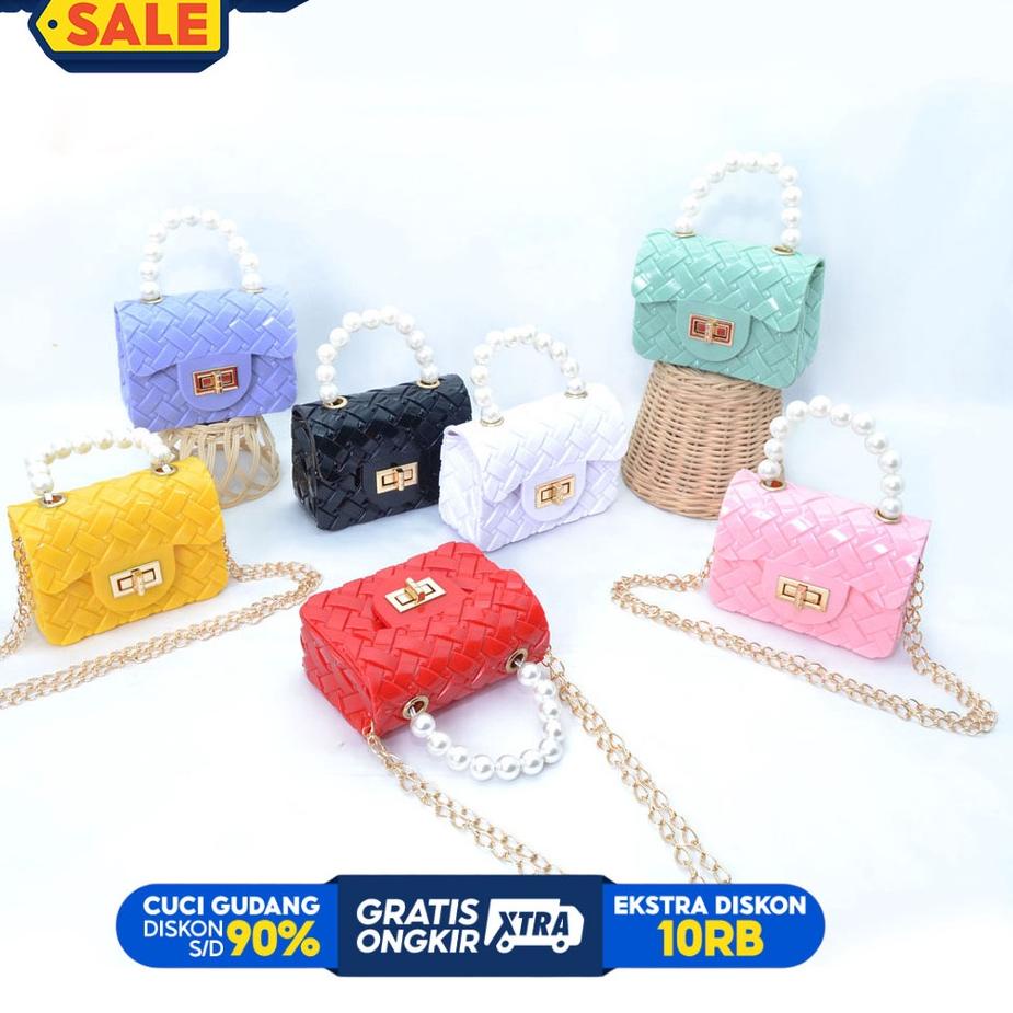 Dapatkan TAS JELLY GLOSSY MINI  tiker ANYAM PEARL | TAS FASHION KOREA GLOSSY PEARL MOTIF tikar 9081-