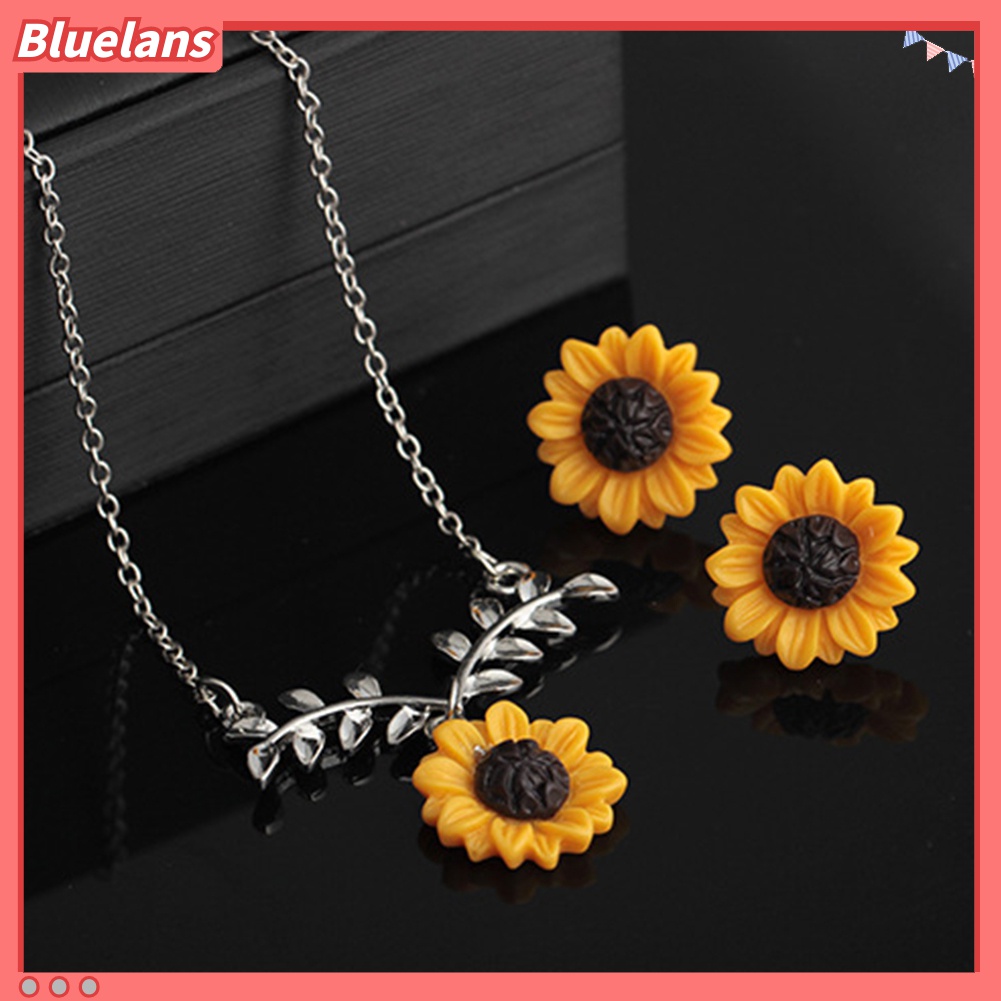 Set Perhiasan Kalung Anting Stud Rantai Klavikula Bentuk Daun Bunga Matahari Untuk Wanita