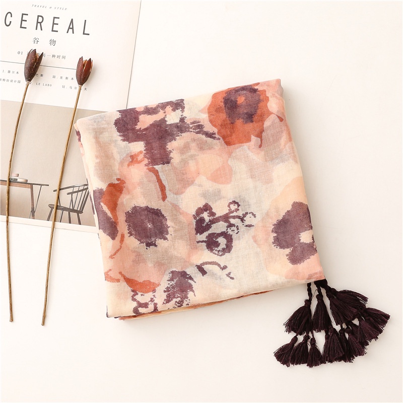 ITSFRIDAY VENA Scraf Premium Scarf Selendang Pashmina Syal Shawl Pasmina Hijab Import Motif Art Flower Cream Tassel