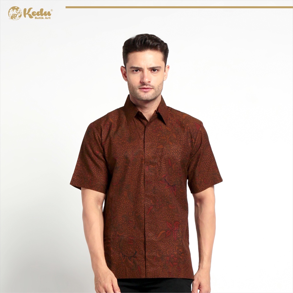 Kedu Batik - Kemeja Batik Dobby Lengan Pendek BUNGA MAWAR Abu Hem Pria Formal