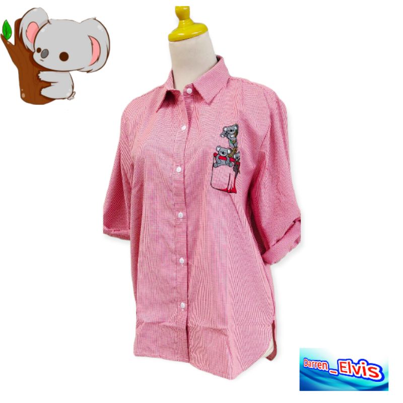 Kemeja Wanita Import / Kotak Merah / Bordir Bunga Mw001