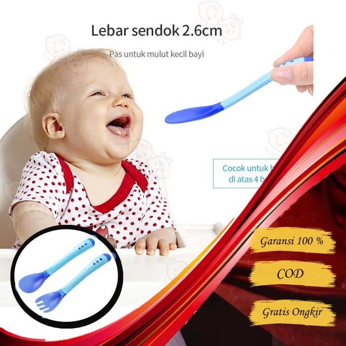 1 Set Sendok Makan + Garpu Bayi Sensor Panas – AC 39 – Alat Peralatan Makan Untuk MPASI Bahan Silikon / Silicone / Silicon BPA Free – Perlengkapan Tempat Alat Makan Set dengan sensor suhu makanan untuk merawat Kesehatan gigi dan mulut Bayi