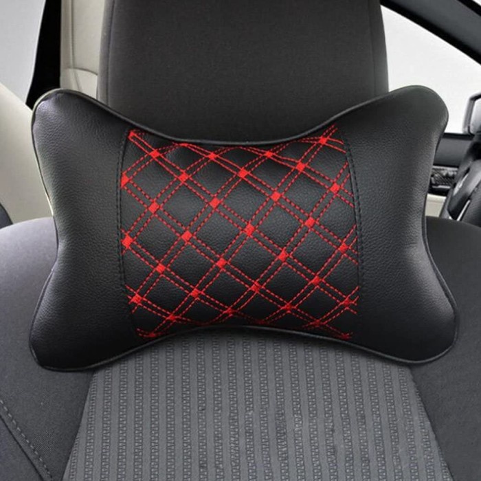 Bantal Mobil / Bantal Leher Motif Benang Merah Exclusive 1set Head Rest Car Neck Pillow Nyaman kulit dakron empuk motif kotak 1 set