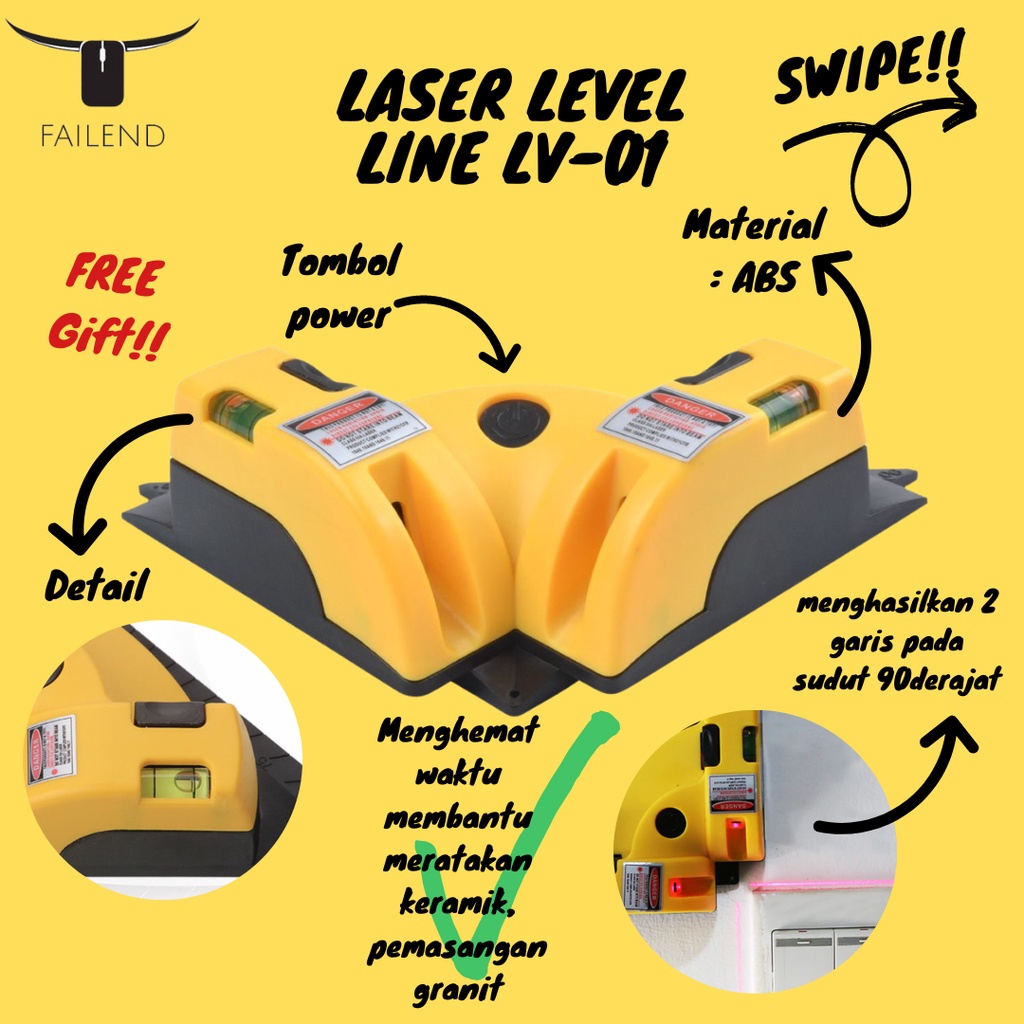 Laser Level Line LV-01 Square Laser Alat Ukur Siku Kelurusan Lantai Permukaan Sudut 90 Derajat Keramik Granit