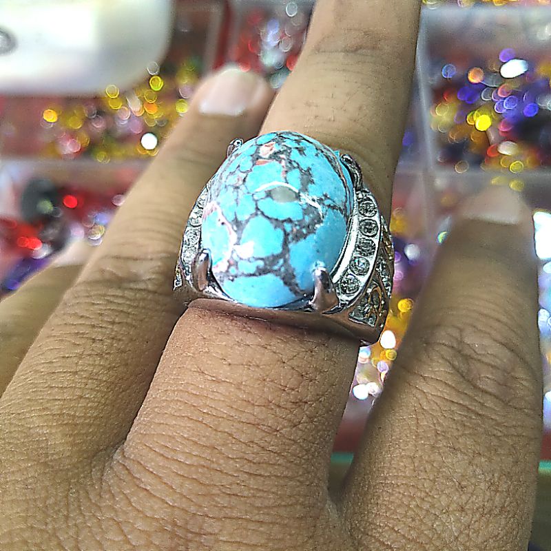 Cincin Asli Batu Akik Pirus Biru Serat Emas