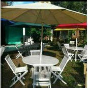 set meja payung jati outdoor komplit untuk taman dan kafe