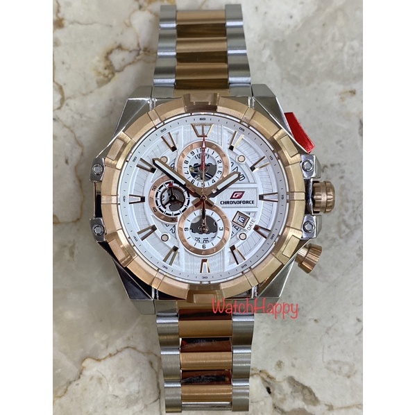 WatchHappy Chronoforce 5342 CF5342 CF 5342 Men Sport Watch White Dial Chrono SilverRose 100%ORIGINAL
