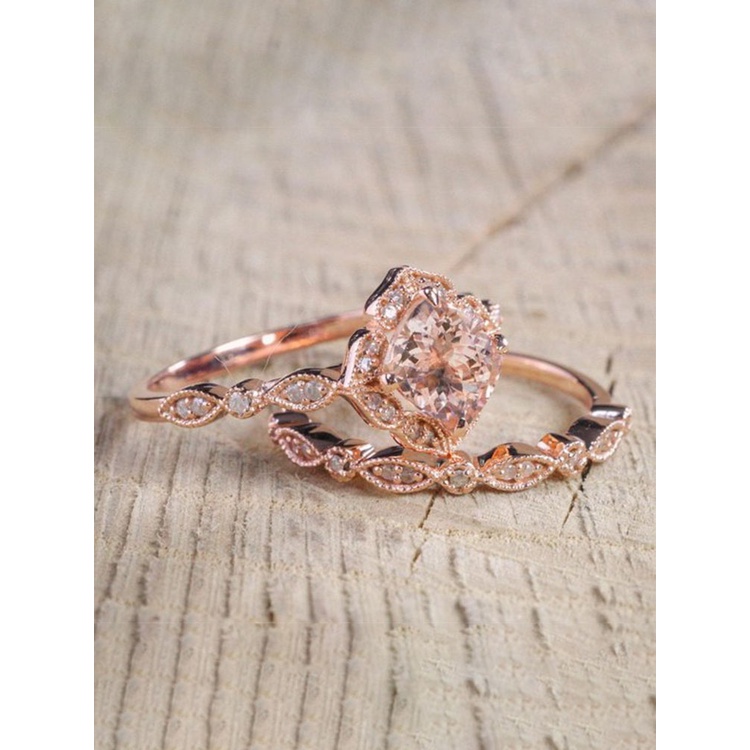 Fancyqube 2pcs / Set Cincin Zirkon Alami Warna Rose Gold Ukuran 6-10 Untuk Pengantin Wanita