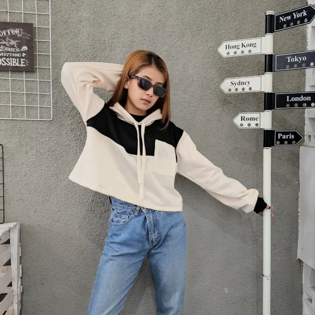 AGNES POCKY Hoodie Croope Sweater Wanita Oversize Sweater Atasan 2 Tone Jacket Terbaru Korean OOTD Kasual Style Fashion Terkini