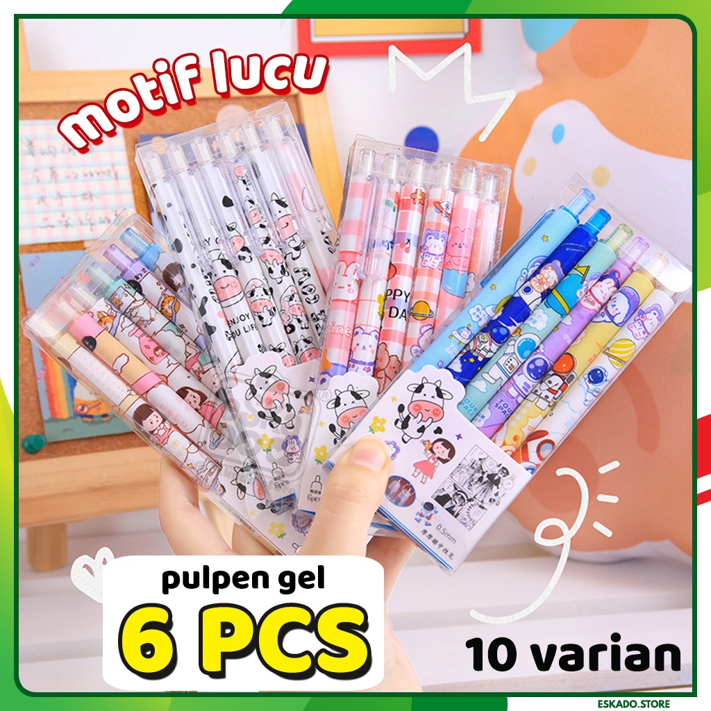 Pulpen Gel 6pcs Kartun Lucu Korea