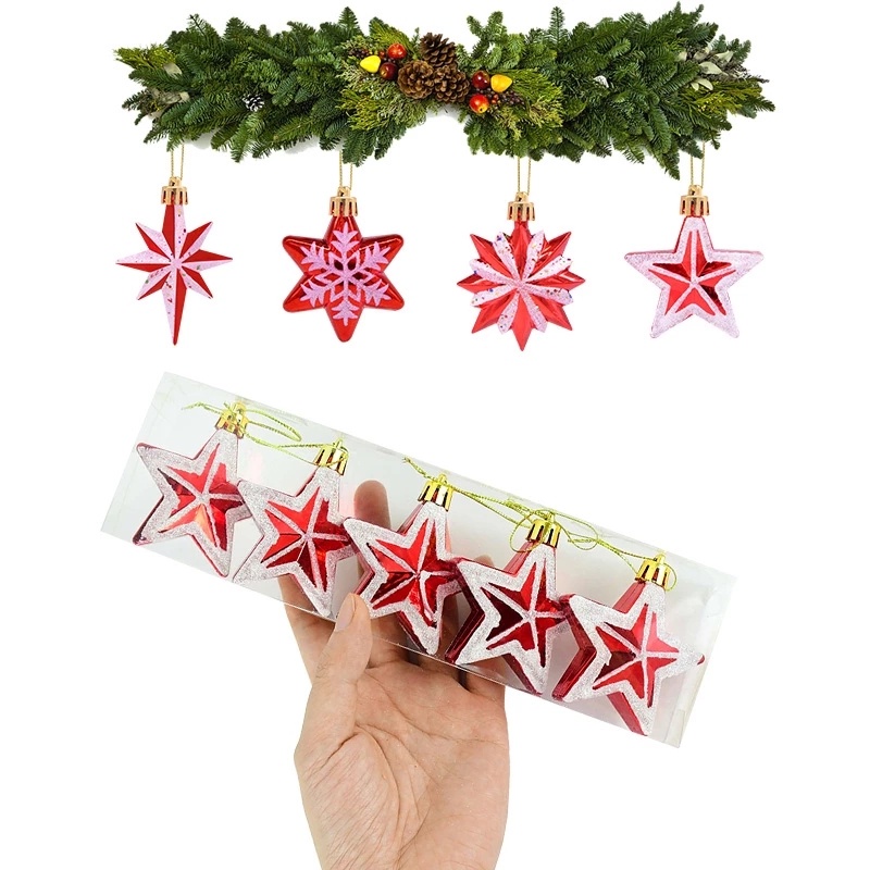 5 / 6Pcs Ornamen Gantung Bentuk Bintang Poligonal Snowflake Bahan Plastik Untuk Dekorasi Pohon Natal