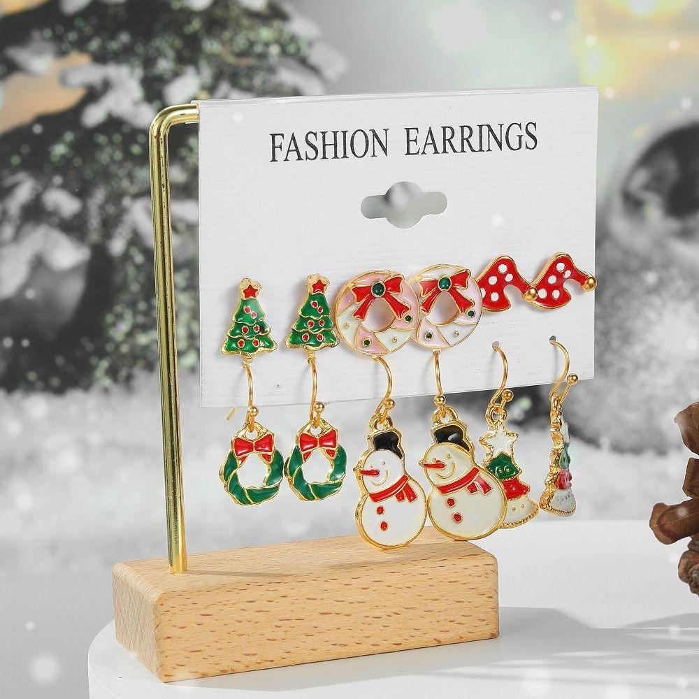 Needway Christmas Stud Earrings Bow Knot Santa Claus Christmas Bell Drip Minyak Rusa Mengkilap Wanita Drop Earrings