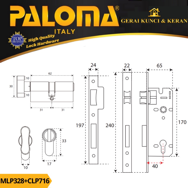 PALOMA MORTISE LOCK SET CYLINDER MLP 328 CLP 716 KNOB BODY SWING BACKSET 40MM CYLINDER 62MM KNOB KOIN HITAM BLACK MATTE