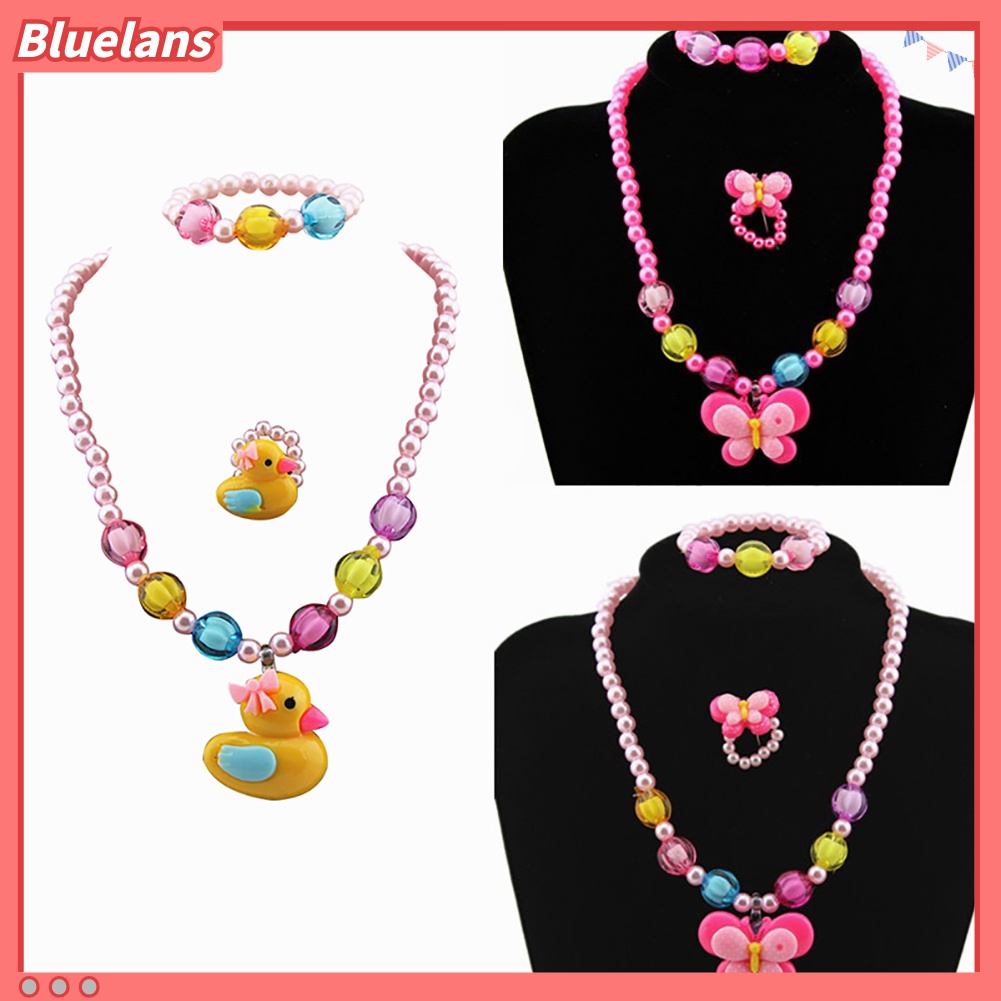Bluelans 3Pcs / Set Perhiasan Kalung Gelang Cincin Manik-Manik Kupu-Kupu Bebek Kuning Untuk Anak Perempuan