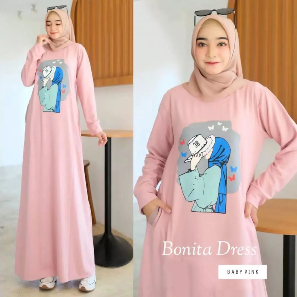 Bonita Longdress Gamis Santai Harian Adem Terbaru Maxi Dress Cewek Kekinian Fshion Muslim Murah Mode