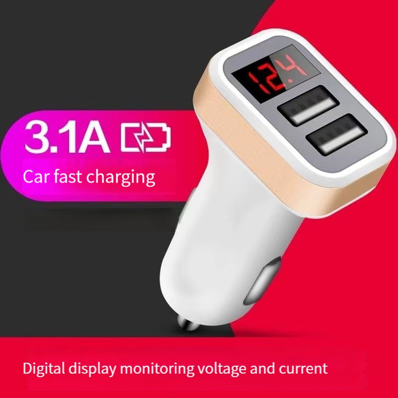 (ada stok, dikirim dari jakarta) Adaptor charger mobil yang cepat,  Adaptor charger mobil pengisi daya cepat ponsel auto tampilan LCD port USB ganda 3.1A