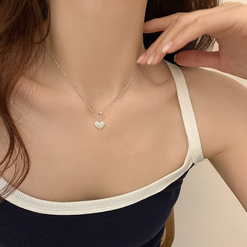 We Flower Kalung Rantai Rumbai Lapis Ganda Hias Liontin Hati Kristal Zircon Gaya Korea Untuk Wanita