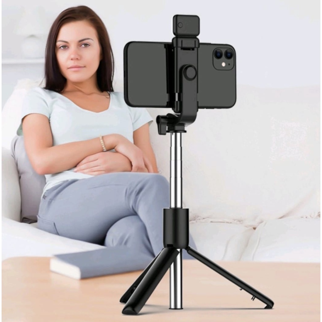 Tongsis Selfie stick R1S LED 3in1 Plus Remote Control Bluetooth Tripod-Tripod Tongsis Wireless R1-S LED With Standing Wireless Nirkabel Monopod Support Ios Android Dudukan GoPro