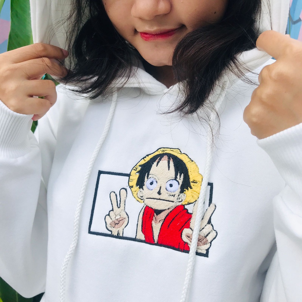 Hoodie Luffy Peace Embroidery Anime Manga One Piece Premium Unisex Monkey D Luffy