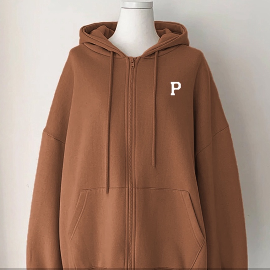 Hoodie Zipper initial P | Oversize Korean Style Jumper | Bahan Fleece | Size XXL