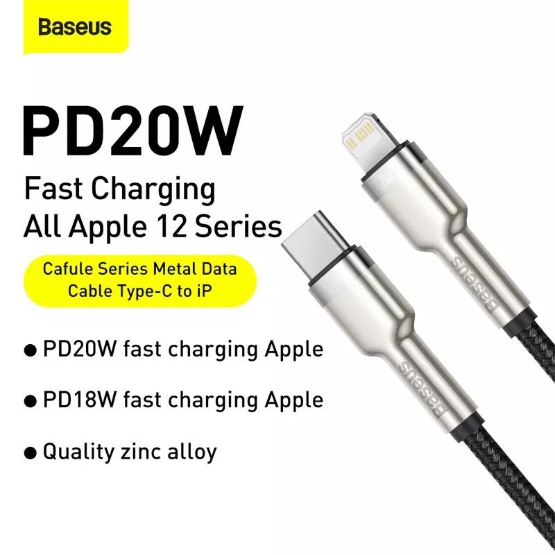 BASEUS Kabel USB C to Lightning iPhone 12 13 14 20W Fast Charging Braided Nylon + Aluminum Alloy cafule Metal